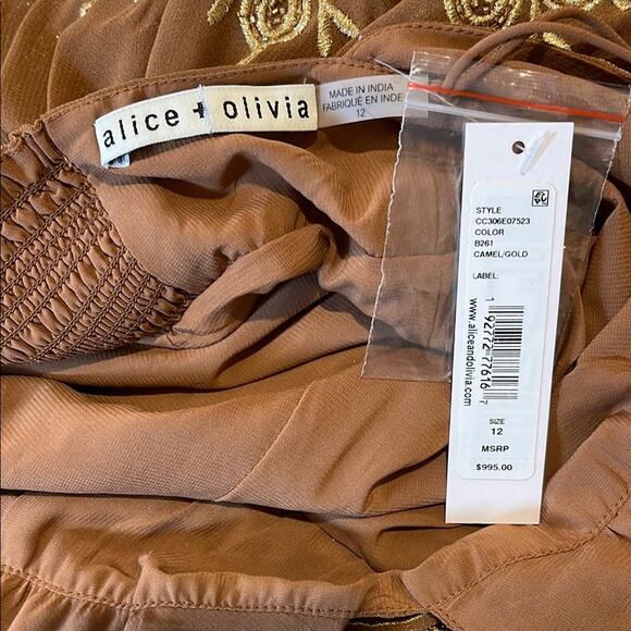 Alice + Olivia Karolina Embroidered Gold and Camel Tiered Maxi Dress Size 12 - Picture 10 of 11